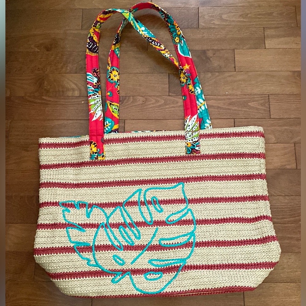 Vera Bradley Rumba Print red striped leaf beach bag
